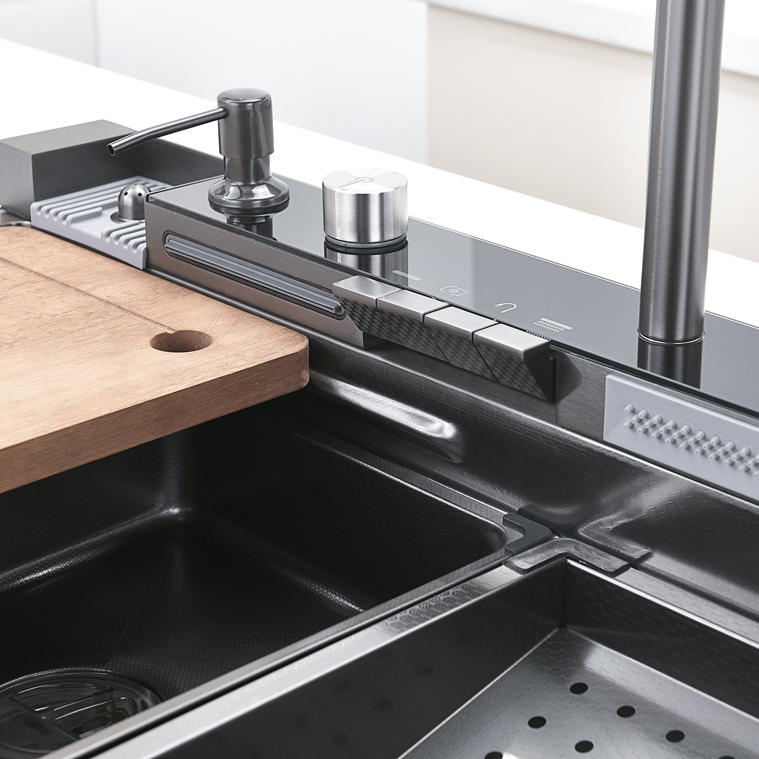 "Black kitchen sink Gleta – modern waterfall sink with deep basin and sleek matte finish for contemporary kitchens"