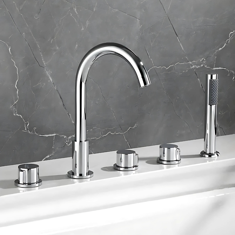 Lina 5-hole deck-mounted bathtub faucet set – elegant and versatile design with a hand shower and separate controls for a luxurious and functional bathing experience.
