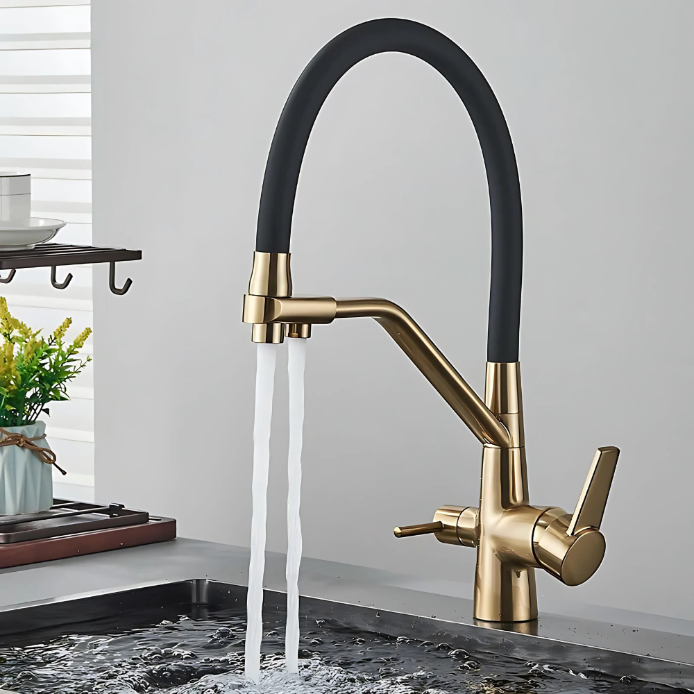 Solona 3-in-1 stainless steel kitchen faucet – multifunctional design with filtered water, hot, and cold flow options, combining elegance and convenience for modern kitchens.