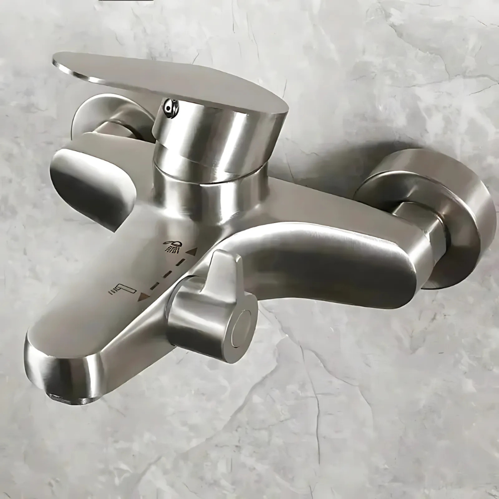 Brushed stainless steel 2-hole deck-mounted bathtub faucet – modern and durable design with a smooth water flow, perfect for contemporary and minimalist bathrooms.