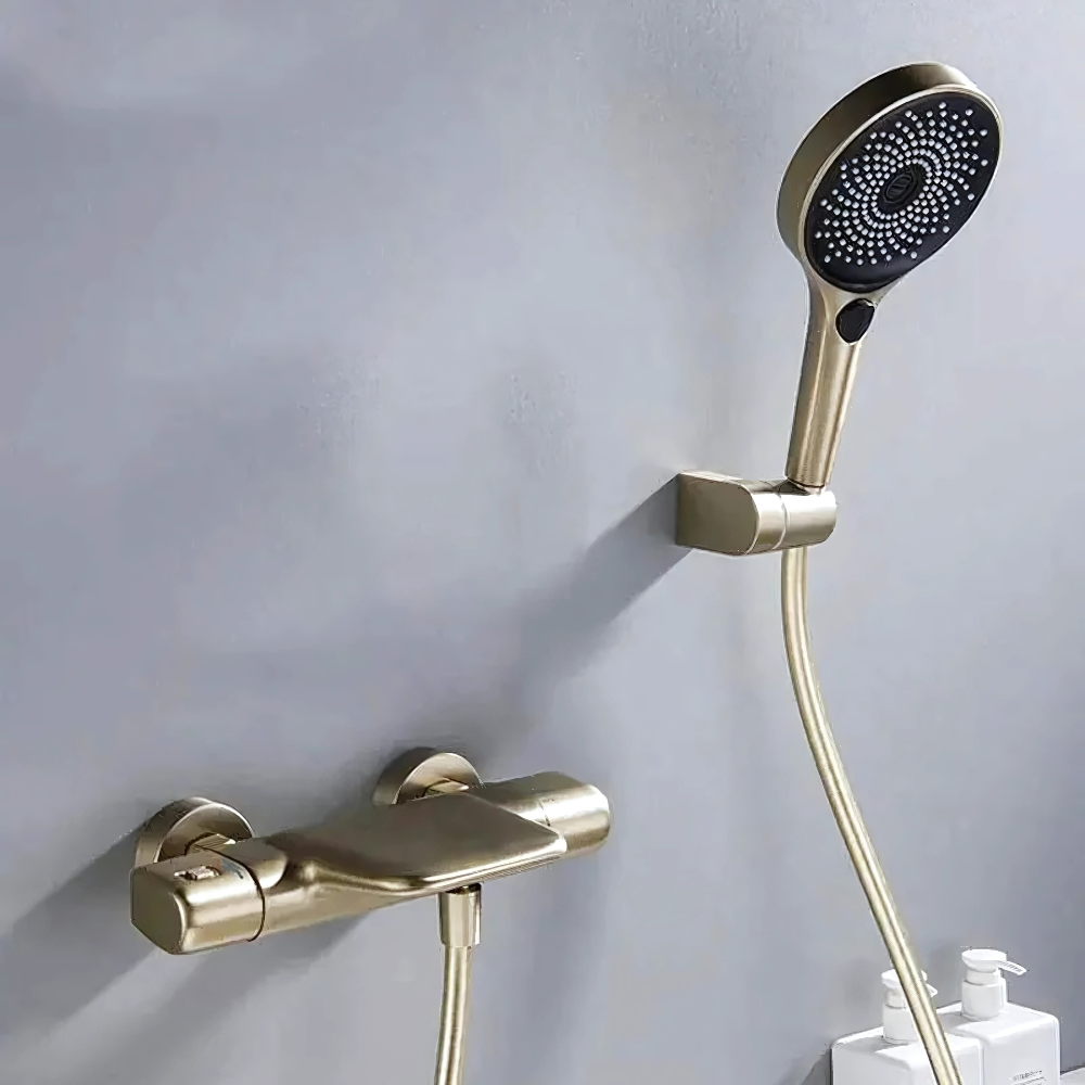 Luna shower system – elegant thermostatic bathtub faucet with a rainfall showerhead and handheld sprayer, offering precise temperature control for a spa-like bathing experience.