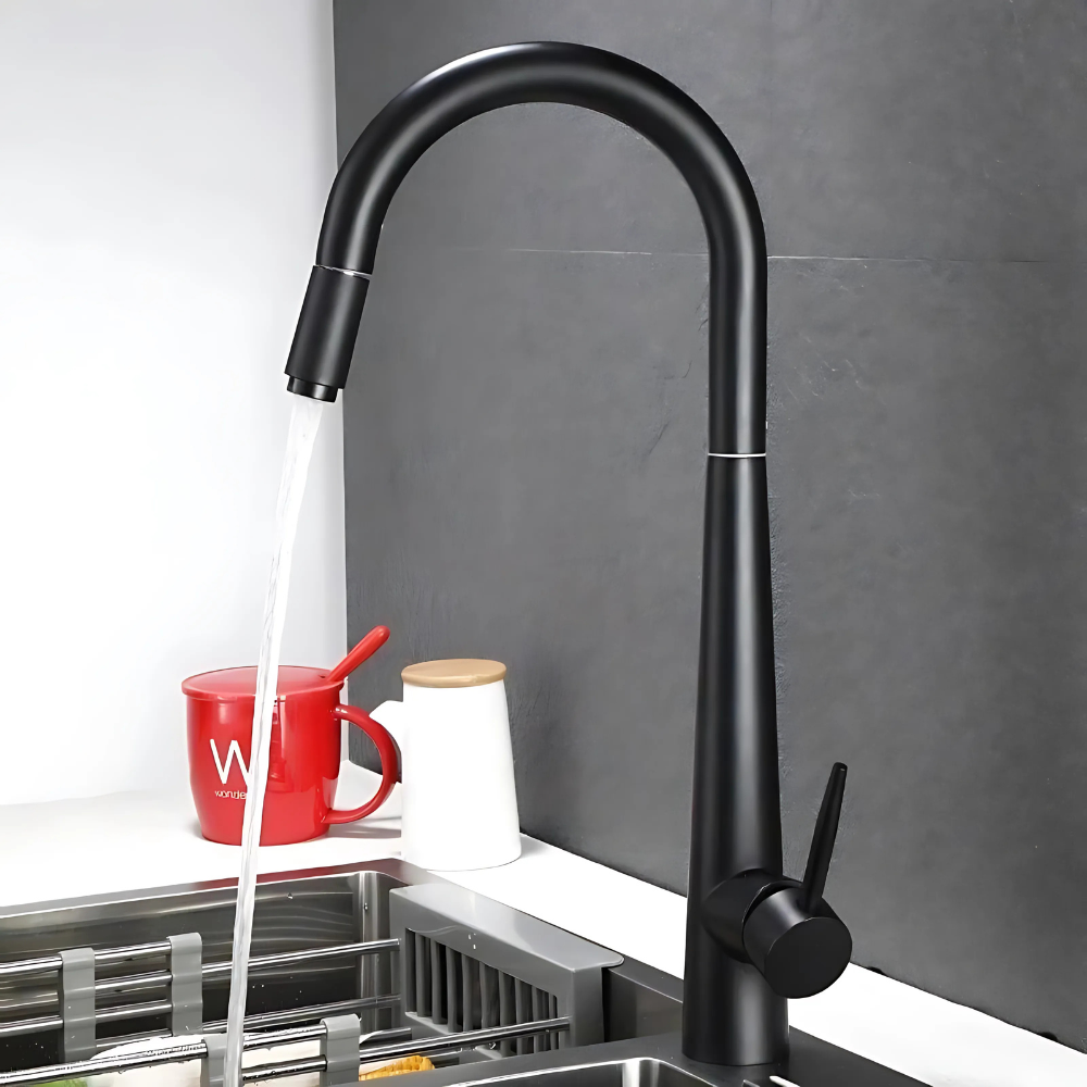 Hank matte black kitchen faucet – bold and modern design with a high-arc spout and single-handle control, perfect for contemporary kitchens.
