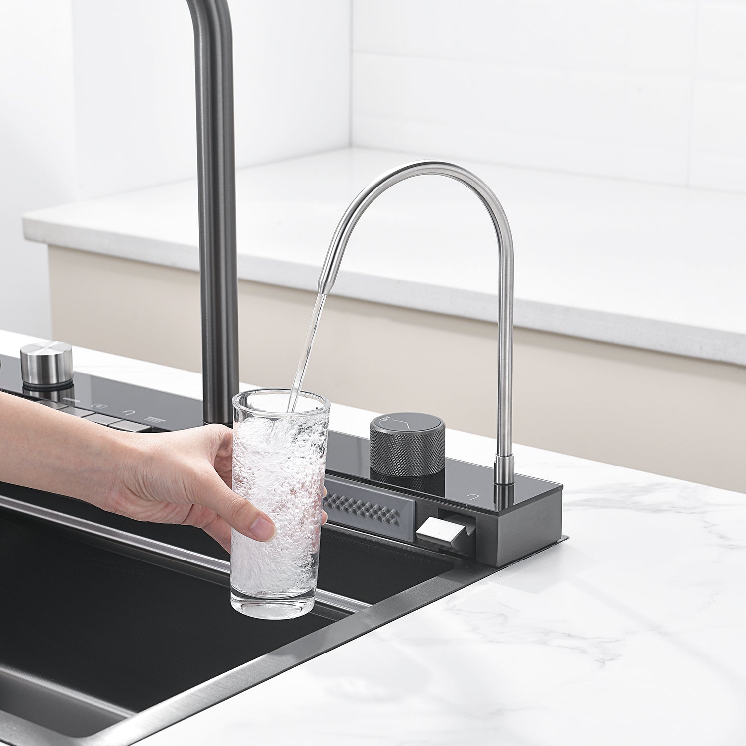 "Black kitchen sink Gleta – modern waterfall sink with deep basin and sleek matte finish for contemporary kitchens"