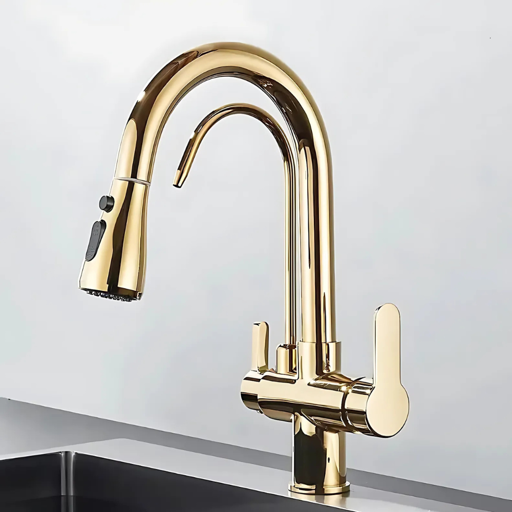 Giro pull-down kitchen faucet – modern high-arc design with a dual-function sprayer for stream and spray modes, perfect for efficient and versatile kitchen use.