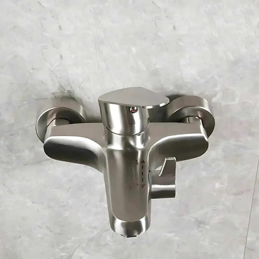 Brushed stainless steel 2-hole deck-mounted bathtub faucet – modern and durable design with a smooth water flow, perfect for contemporary and minimalist bathrooms.