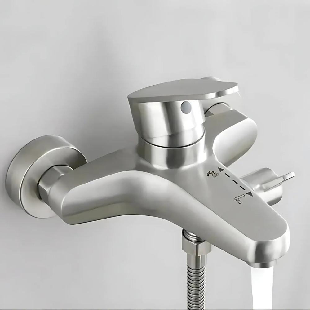 Brushed stainless steel 2-hole deck-mounted bathtub faucet – modern and durable design with a smooth water flow, perfect for contemporary and minimalist bathrooms.