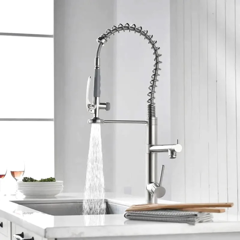 Nura professional-grade brass kitchen faucet – durable and elegant design with a high-arc spout and precision control, perfect for home and commercial kitchens.