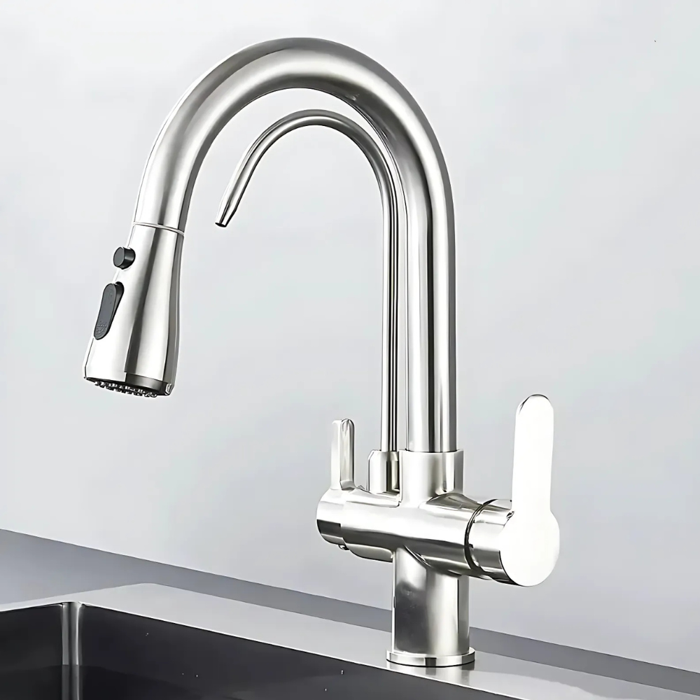 Giro pull-down kitchen faucet – modern high-arc design with a dual-function sprayer for stream and spray modes, perfect for efficient and versatile kitchen use.
