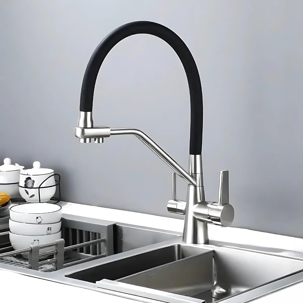 Solona 3-in-1 stainless steel kitchen faucet – multifunctional design with filtered water, hot, and cold flow options, combining elegance and convenience for modern kitchens.