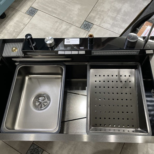 "Black kitchen sink Gleta – modern waterfall sink with deep basin and sleek matte finish for contemporary kitchens"