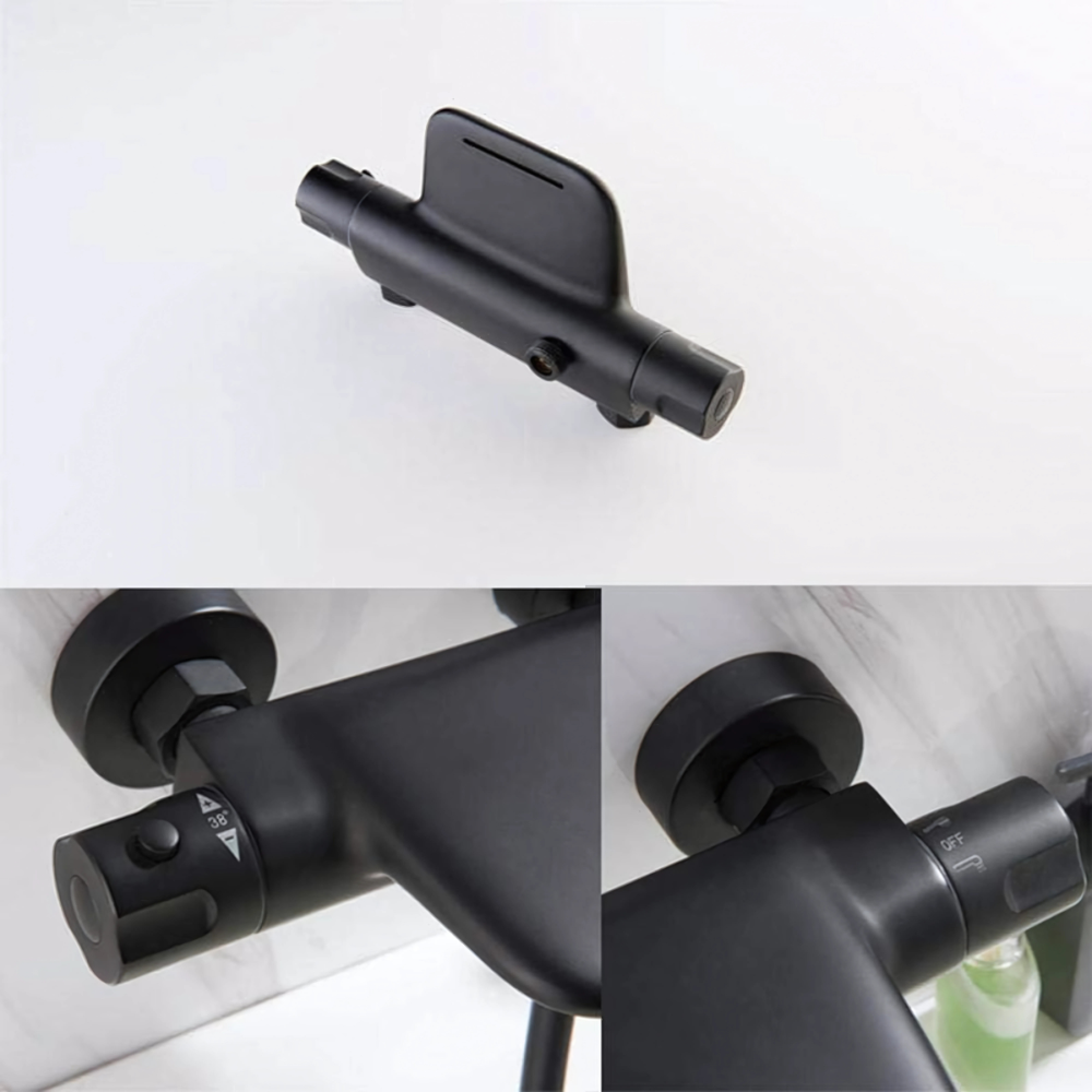 Luna shower system – elegant thermostatic bathtub faucet with a rainfall showerhead and handheld sprayer, offering precise temperature control for a spa-like bathing experience.