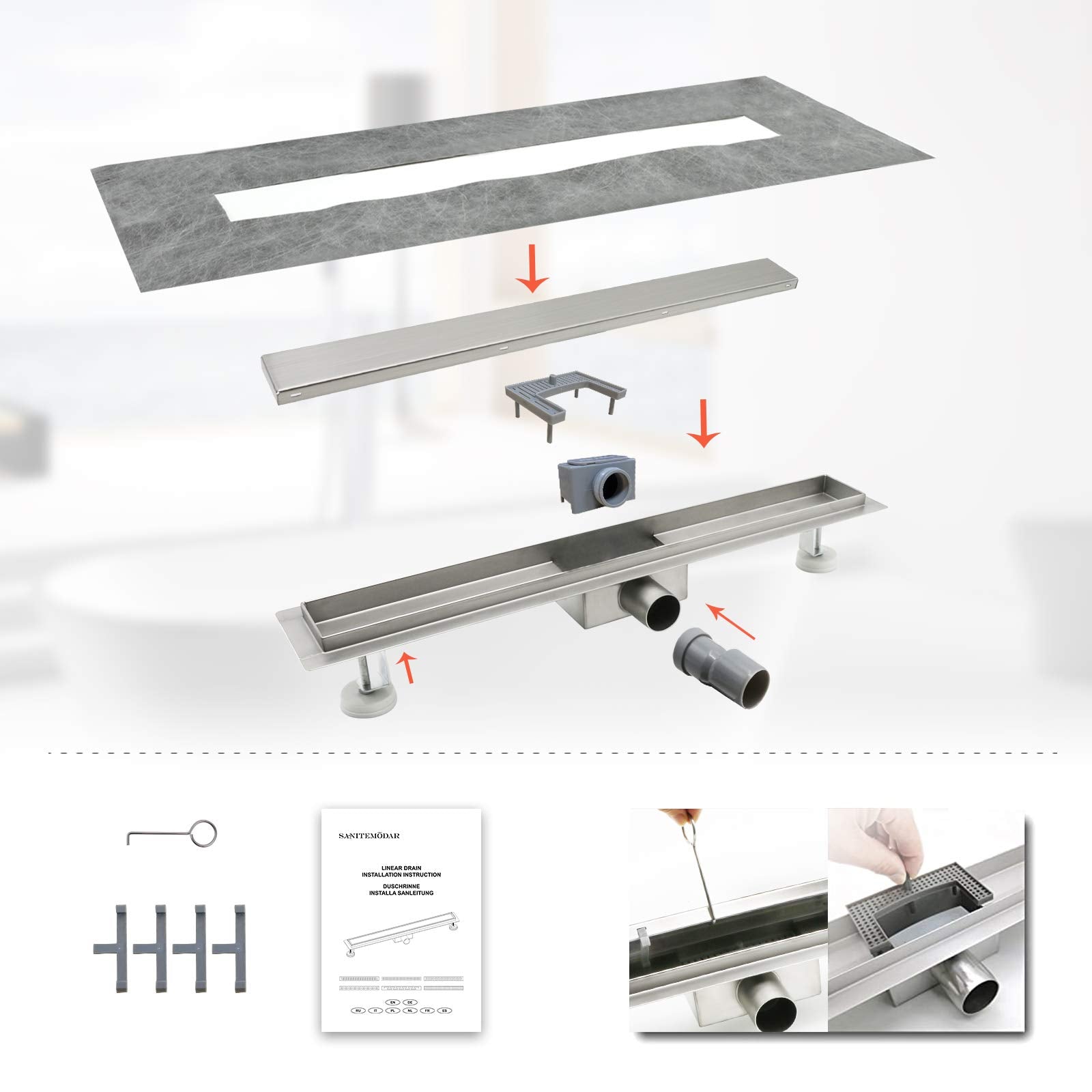 "Linear shower drain Hampton – modern stainless steel floor drain for walk-in showers and wet rooms"