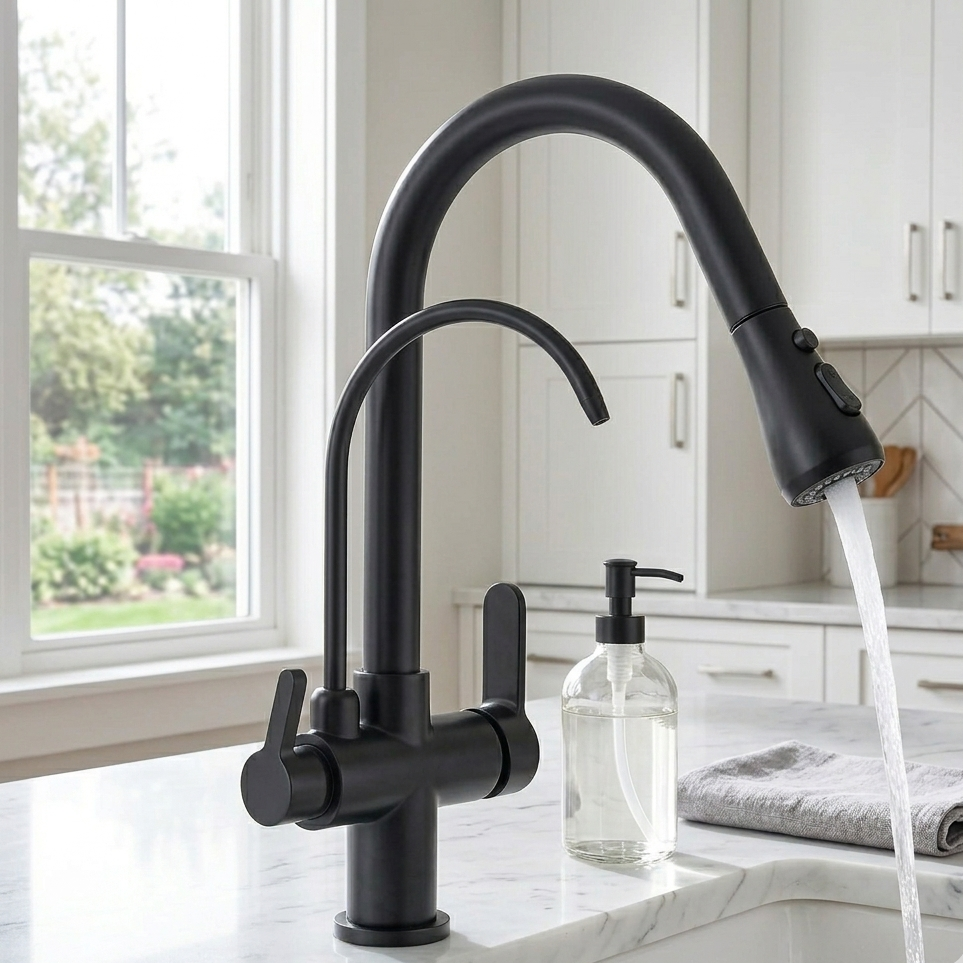 Black kitchen faucet with water flowing in a bright kitchen setting