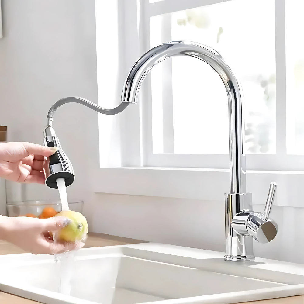 Brio kitchen faucet with pull-out sprayer – sleek and functional design featuring a retractable spray head for effortless cleaning and versatility in any modern kitchen.