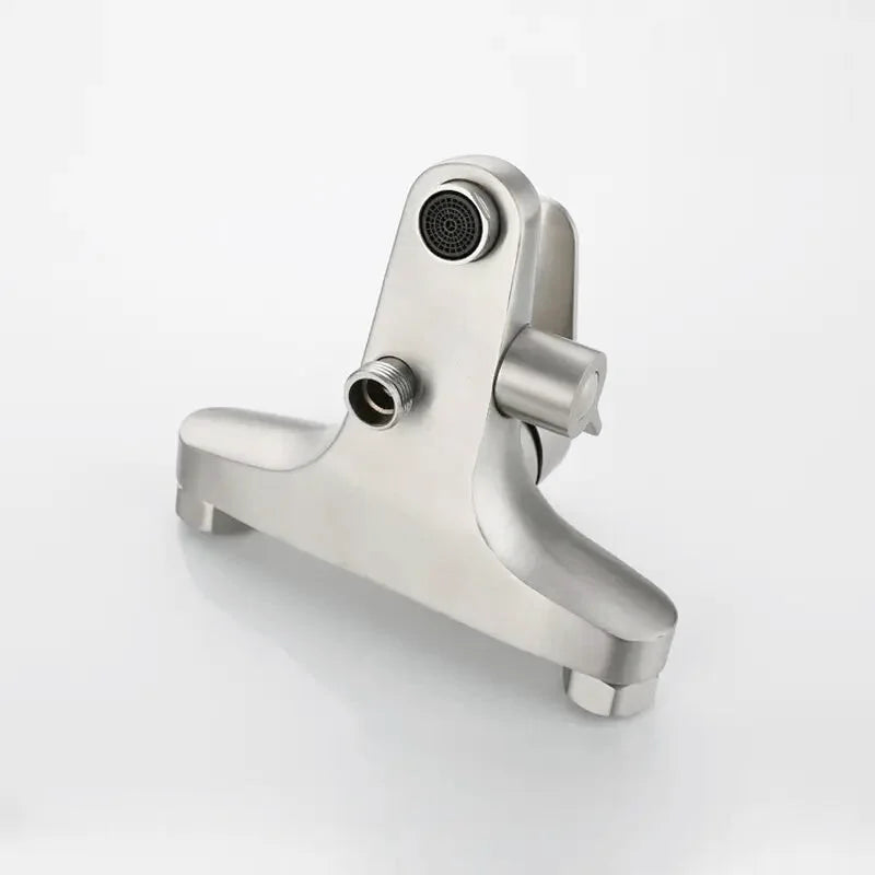 Brushed stainless steel 2-hole deck-mounted bathtub faucet – modern and durable design with a smooth water flow, perfect for contemporary and minimalist bathrooms.