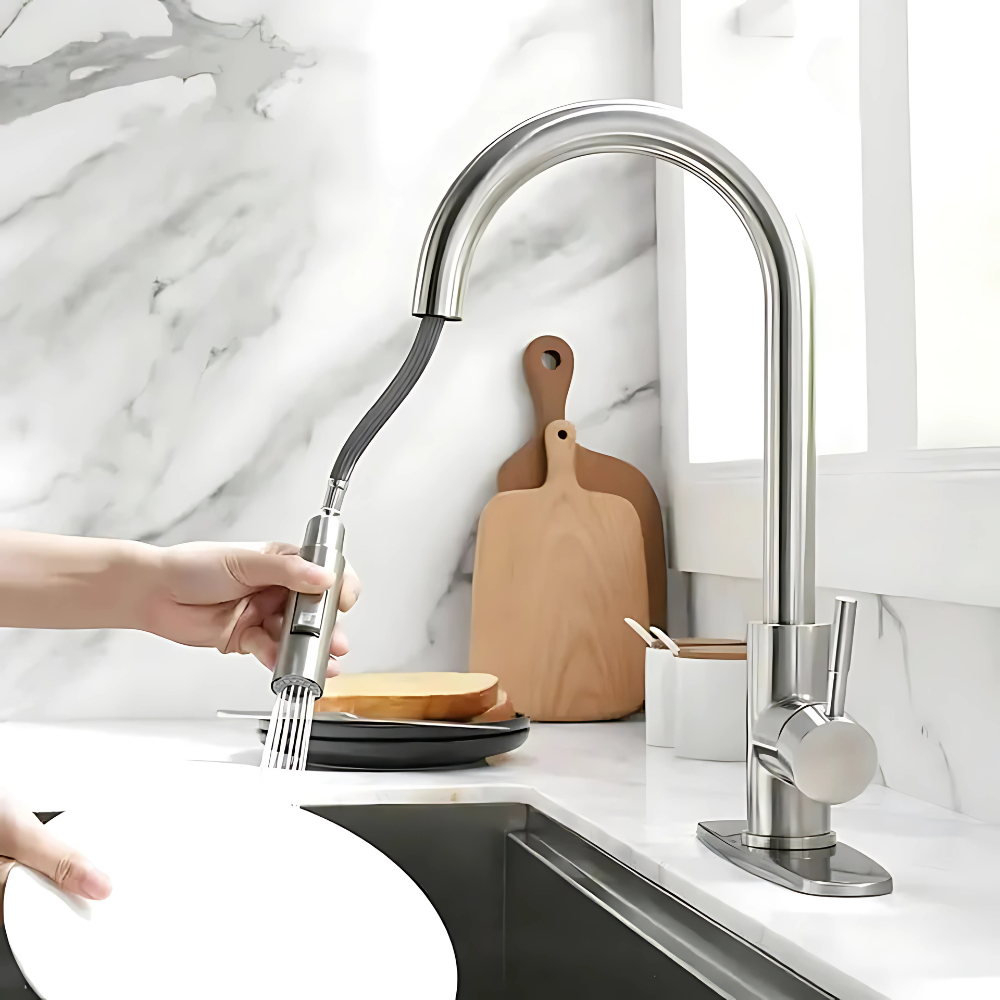 Cala touchless kitchen faucet – modern motion-sensor design with a sleek finish, offering hands-free convenience and efficiency for a hygienic kitchen experience.