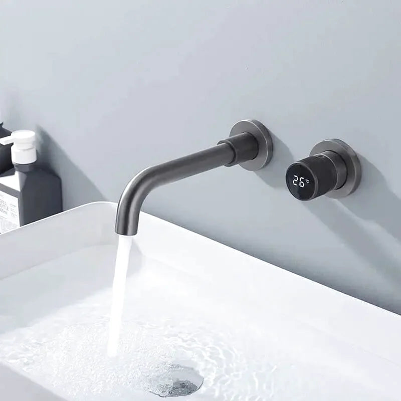 Furo wall-mounted bathroom faucet – sleek and minimalist design with a space-saving installation, offering a smooth water flow for a modern, luxurious bathroom.