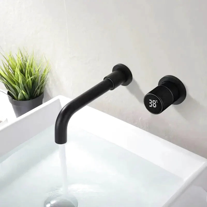 Furo wall-mounted bathroom faucet – sleek and minimalist design with a space-saving installation, offering a smooth water flow for a modern, luxurious bathroom.