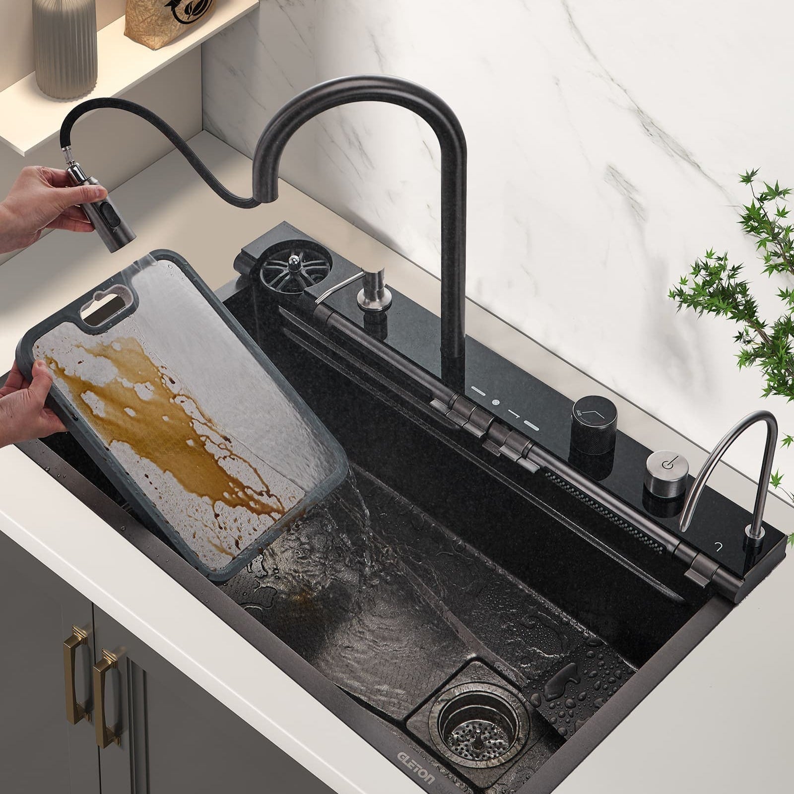 "Black kitchen sink Gleta – modern waterfall sink with deep basin and sleek matte finish for contemporary kitchens"