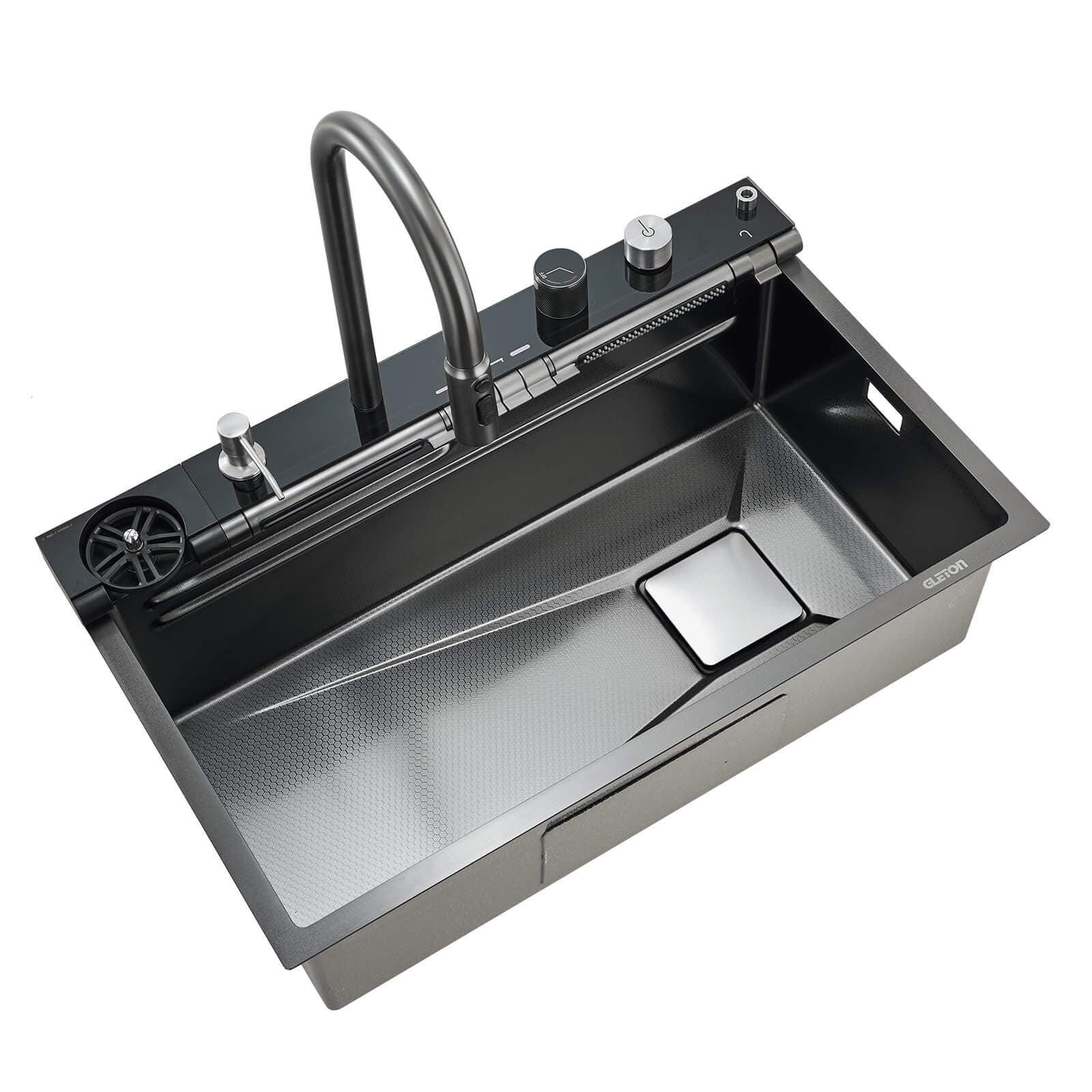 "Black kitchen sink Gleta – modern waterfall sink with deep basin and sleek matte finish for contemporary kitchens"