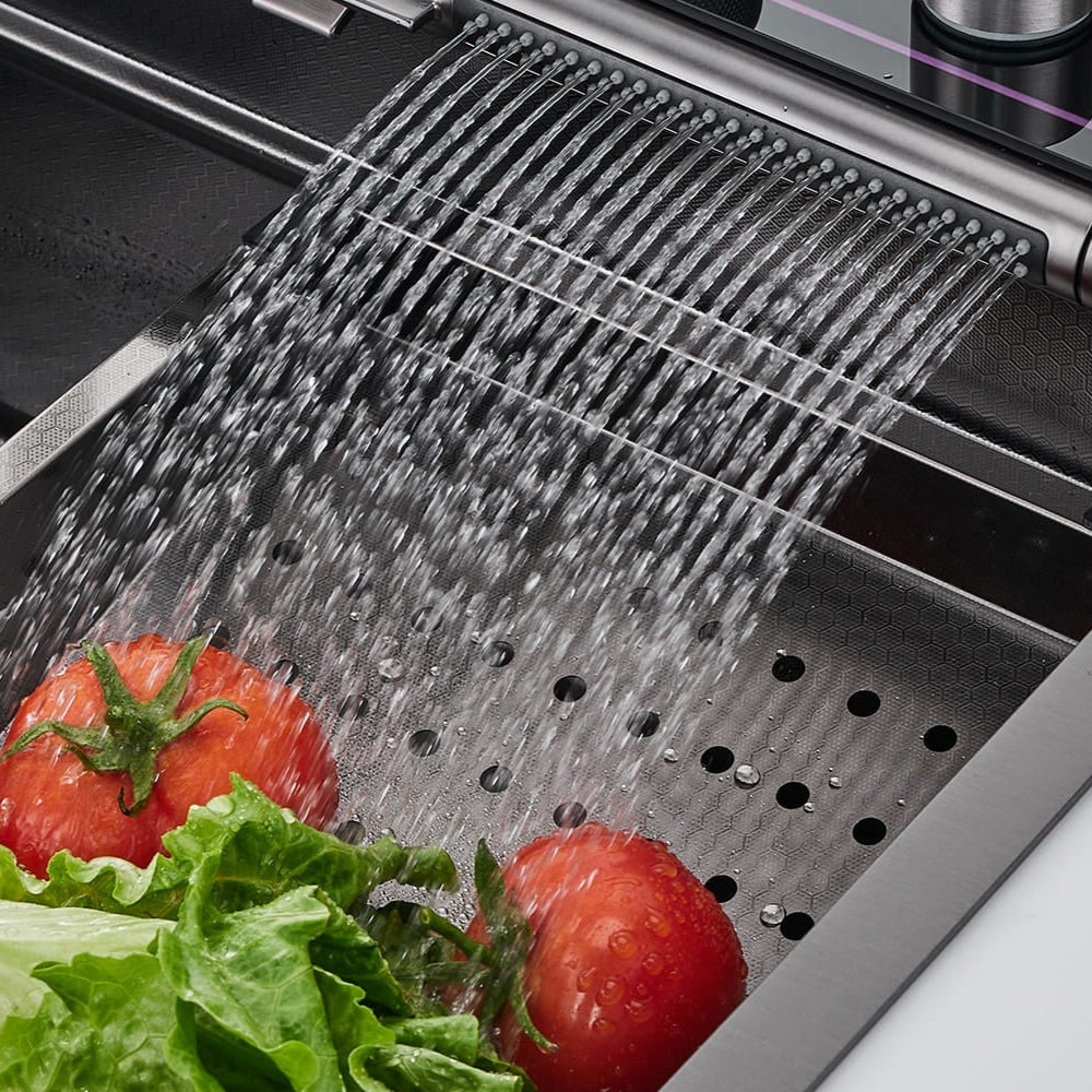 "Black kitchen sink Gleta – modern waterfall sink with deep basin and sleek matte finish for contemporary kitchens"