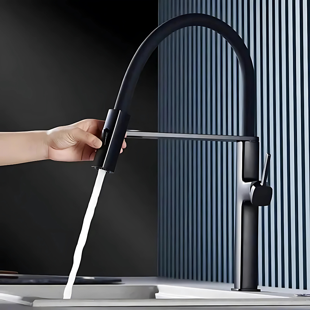 Aria matte black kitchen faucet with pull-out sprayer – modern and stylish design featuring a retractable spray head for enhanced flexibility and convenience in any kitchen.