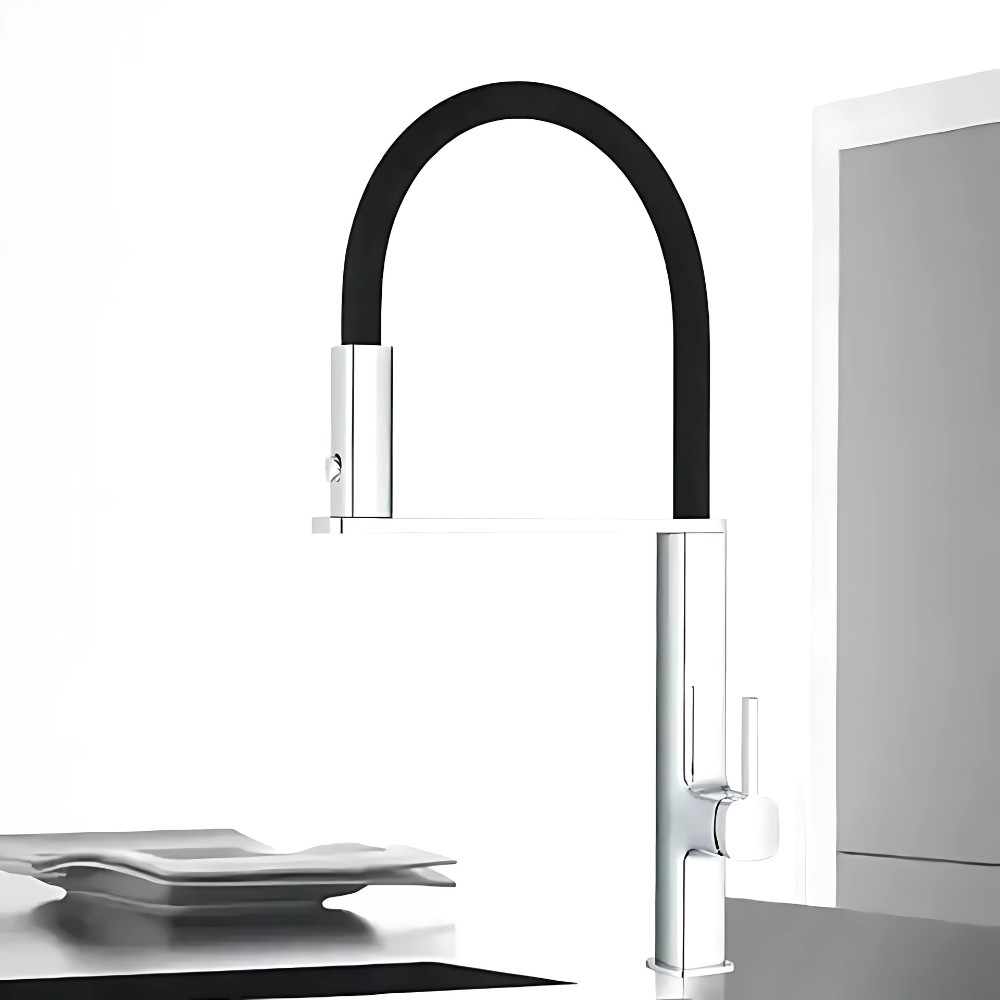 Aria matte black kitchen faucet with pull-out sprayer – modern and stylish design featuring a retractable spray head for enhanced flexibility and convenience in any kitchen.