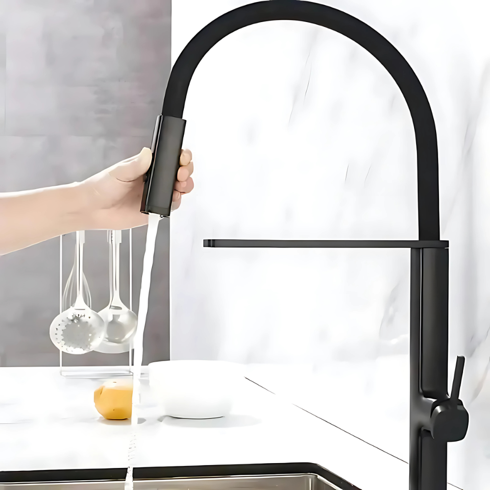 Aria matte black kitchen faucet with pull-out sprayer – modern and stylish design featuring a retractable spray head for enhanced flexibility and convenience in any kitchen.