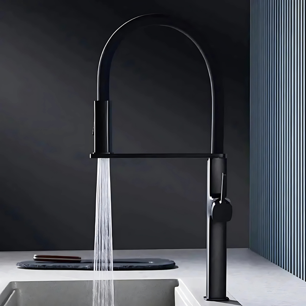 Aria matte black kitchen faucet with pull-out sprayer – modern and stylish design featuring a retractable spray head for enhanced flexibility and convenience in any kitchen.