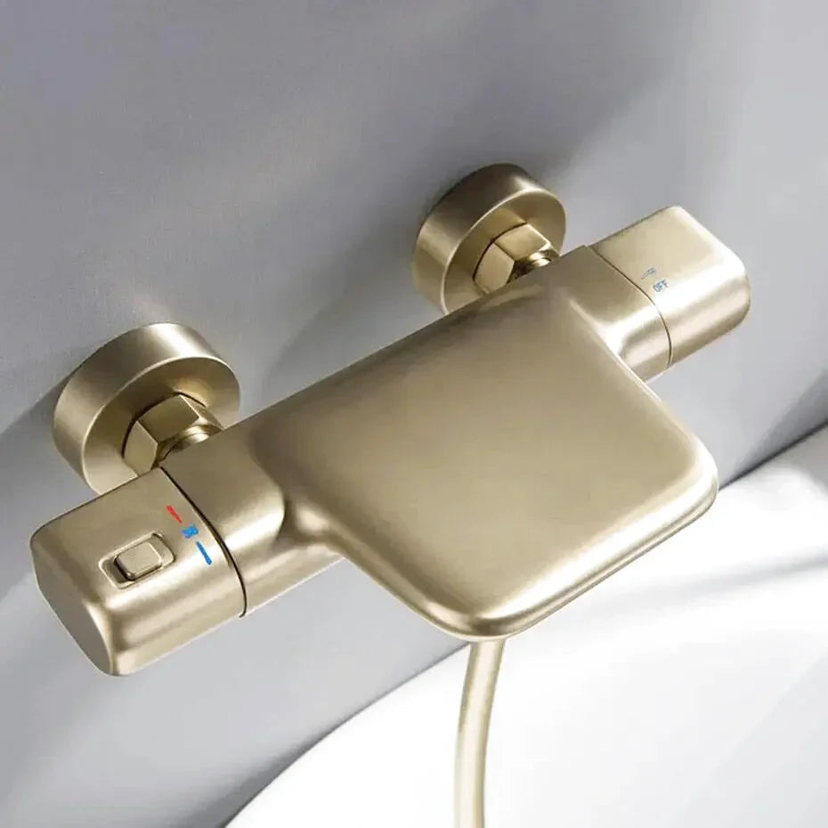 Luna shower system – elegant thermostatic bathtub faucet with a rainfall showerhead and handheld sprayer, offering precise temperature control for a spa-like bathing experience.