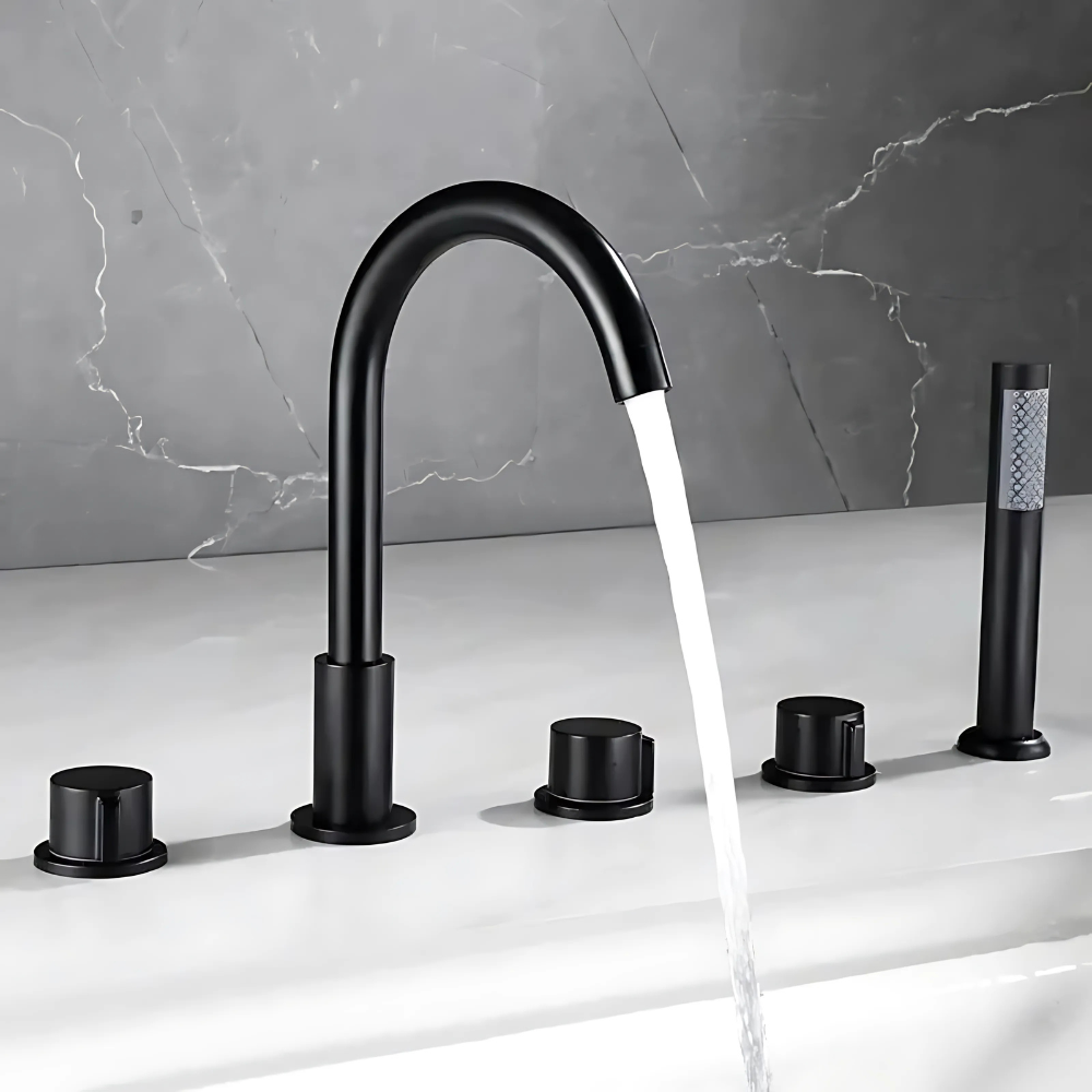 Lina 5-hole deck-mounted bathtub faucet set – elegant and versatile design with a hand shower and separate controls for a luxurious and functional bathing experience.