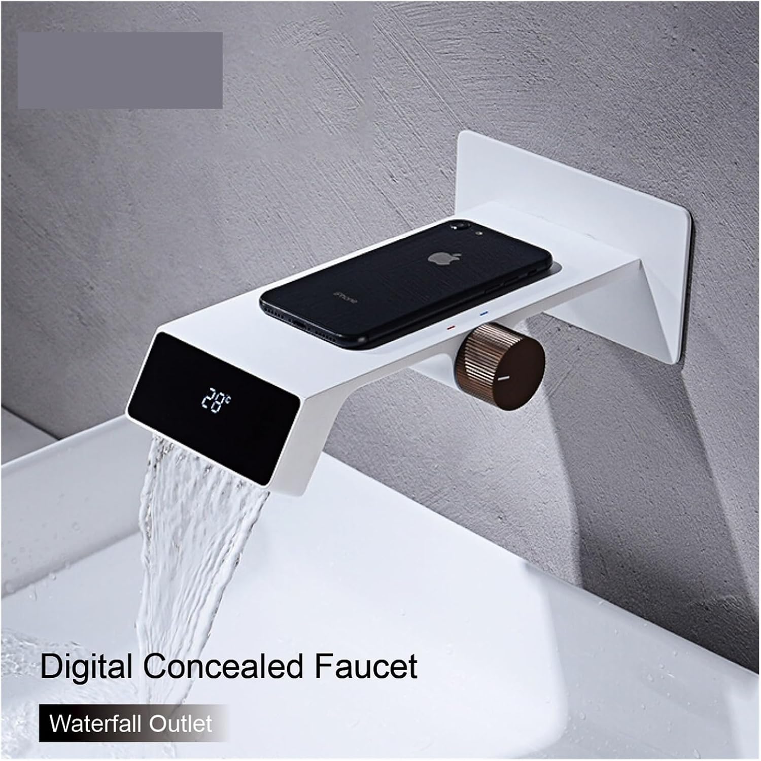 Modern LED waterfall bathroom faucet – sleek and contemporary design with a wide spout for a smooth cascading flow, featuring built-in LED lights that change color with water temperature for a luxurious touch.