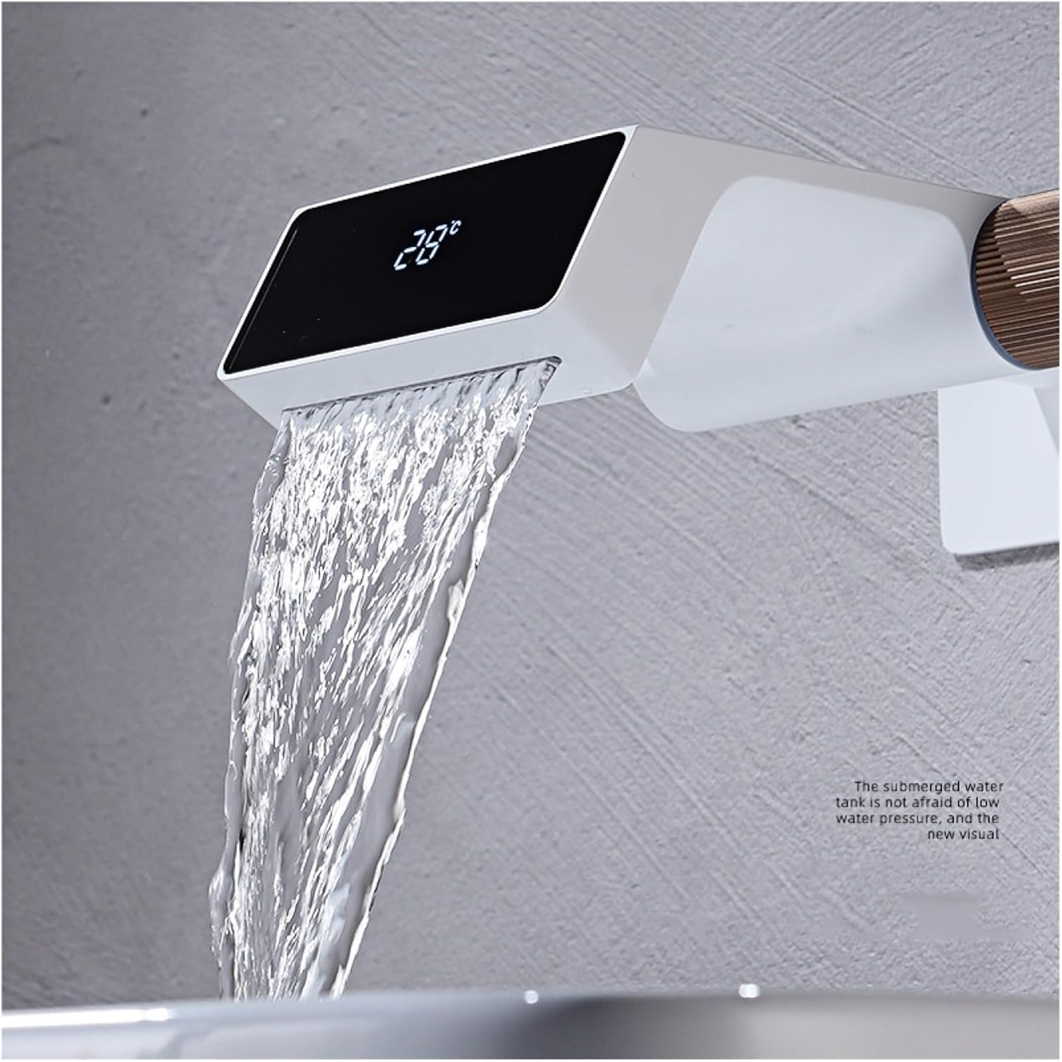 Modern LED waterfall bathroom faucet – sleek and contemporary design with a wide spout for a smooth cascading flow, featuring built-in LED lights that change color with water temperature for a luxurious touch.