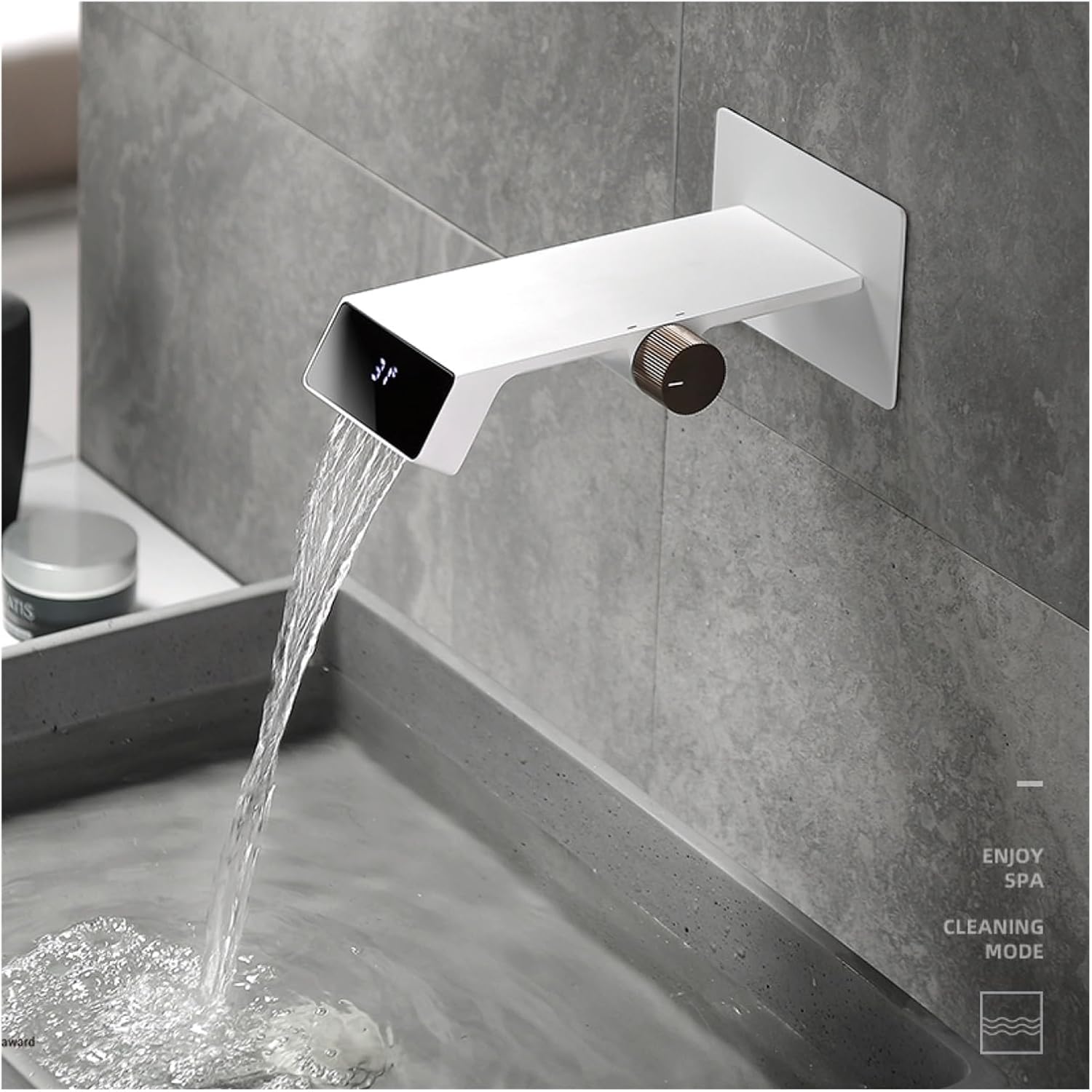 Modern LED waterfall bathroom faucet – sleek and contemporary design with a wide spout for a smooth cascading flow, featuring built-in LED lights that change color with water temperature for a luxurious touch.