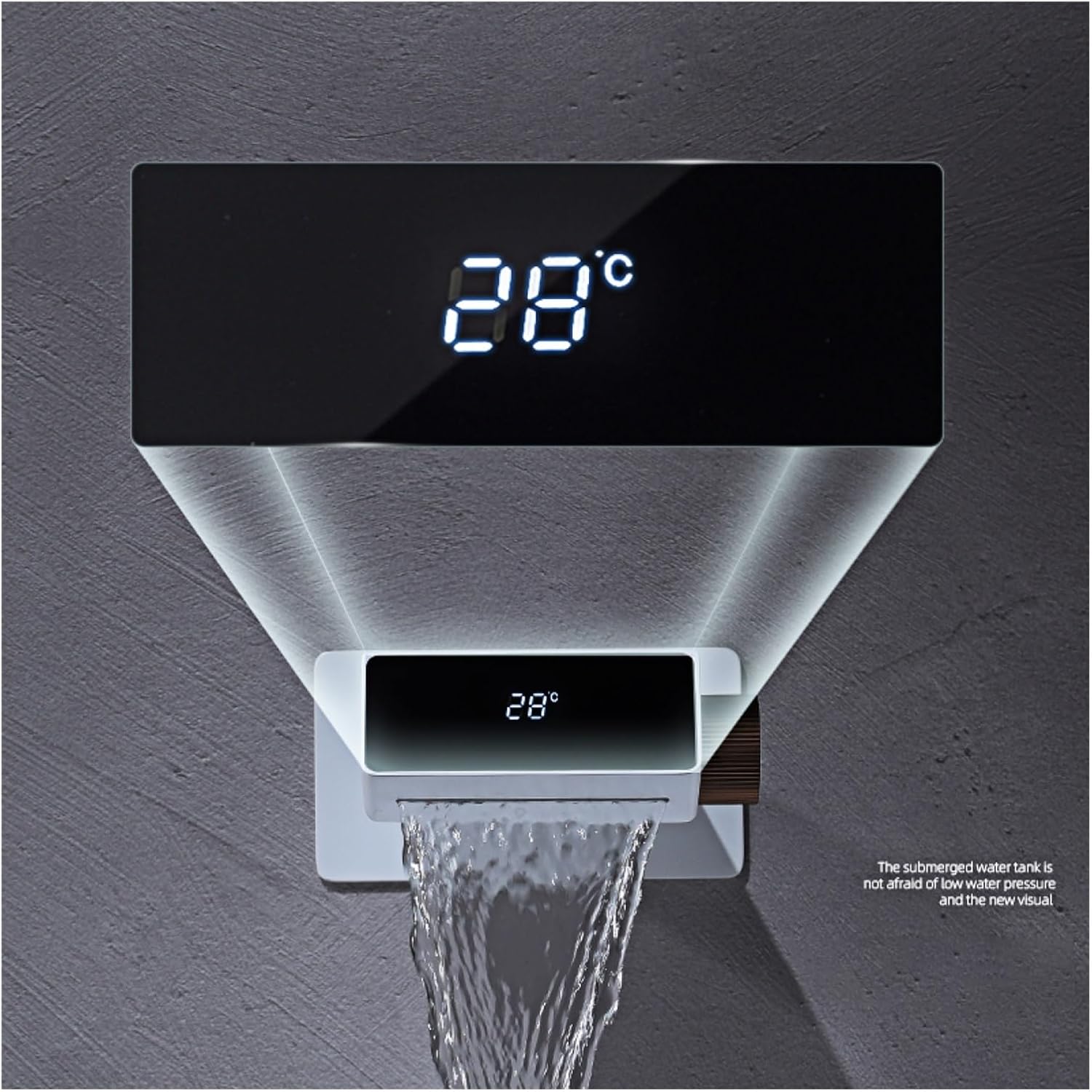 Modern LED waterfall bathroom faucet – sleek and contemporary design with a wide spout for a smooth cascading flow, featuring built-in LED lights that change color with water temperature for a luxurious touch.
