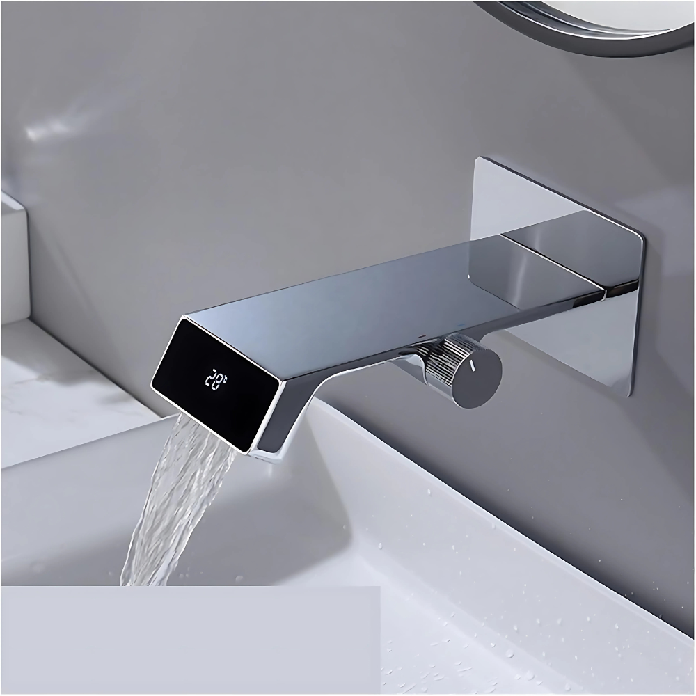Modern LED waterfall bathroom faucet – sleek and contemporary design with a wide spout for a smooth cascading flow, featuring built-in LED lights that change color with water temperature for a luxurious touch.