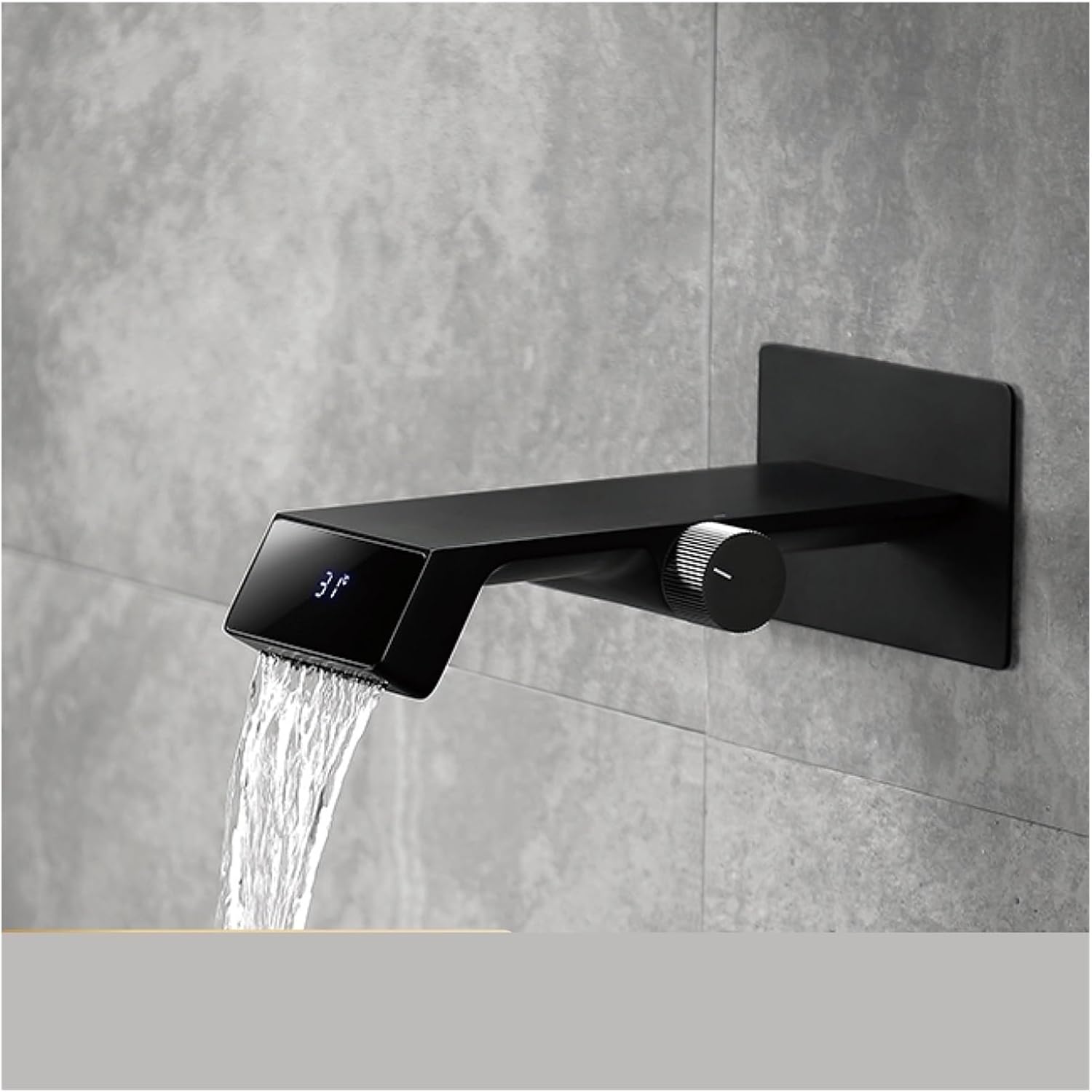 Modern LED waterfall bathroom faucet – sleek and contemporary design with a wide spout for a smooth cascading flow, featuring built-in LED lights that change color with water temperature for a luxurious touch.