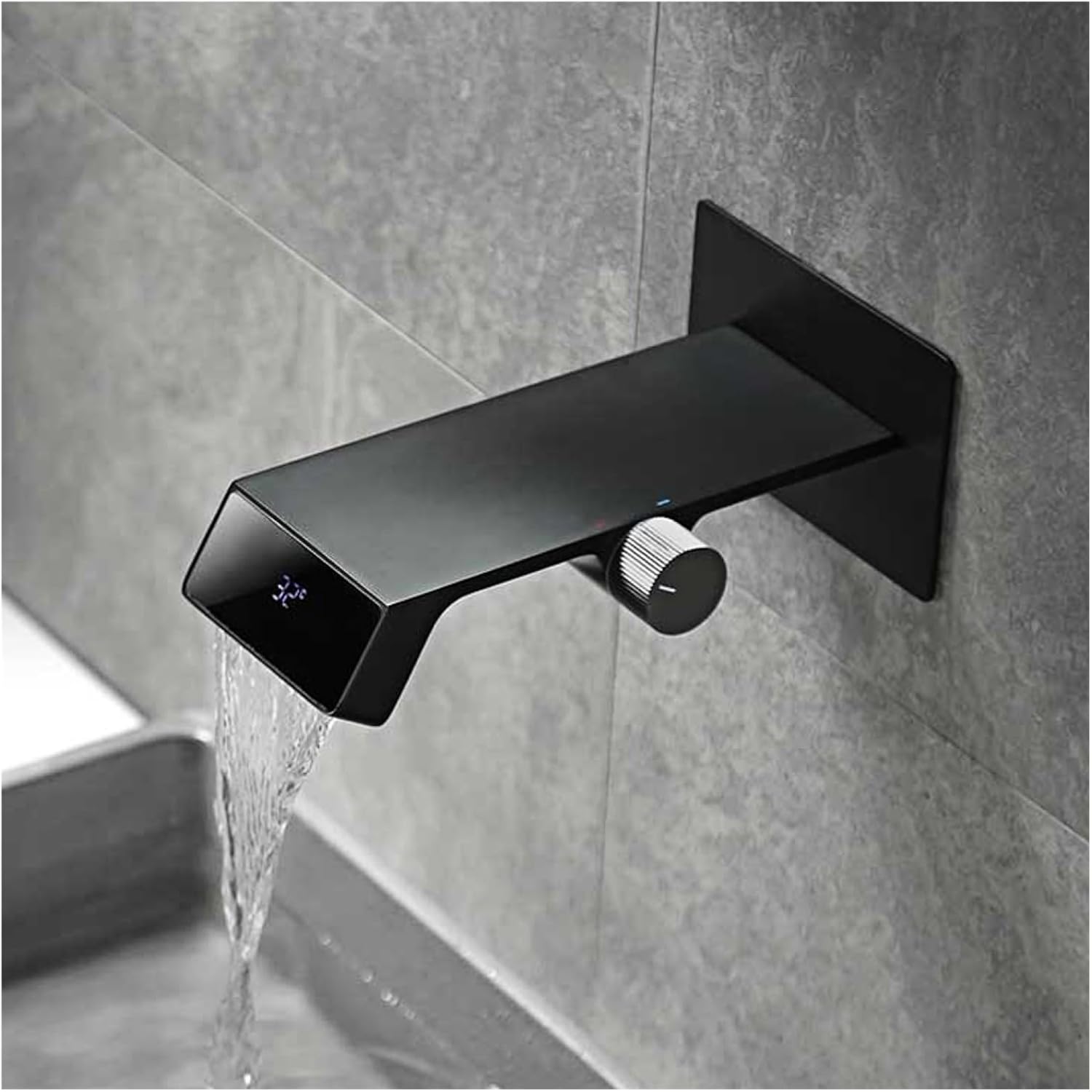Modern LED waterfall bathroom faucet – sleek and contemporary design with a wide spout for a smooth cascading flow, featuring built-in LED lights that change color with water temperature for a luxurious touch.