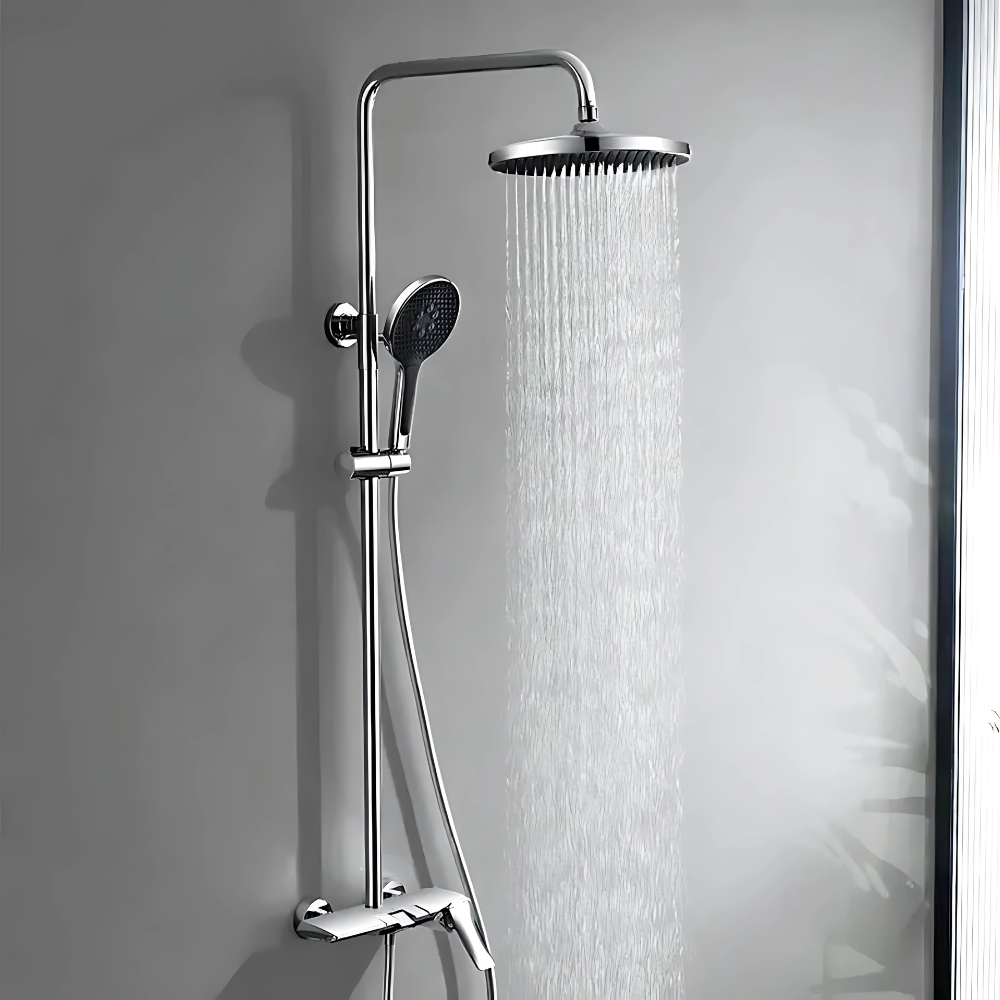 Oro shower system – premium thermostatic faucet set featuring a large rain showerhead and a versatile handheld sprayer, delivering a spa-like experience with precise temperature control.
