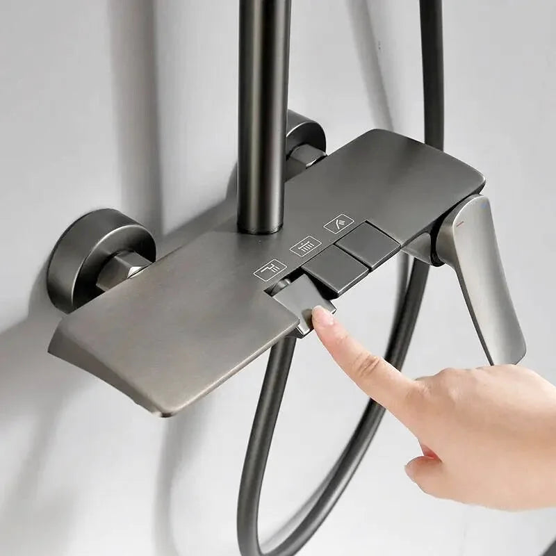 Oro shower system – premium thermostatic faucet set featuring a large rain showerhead and a versatile handheld sprayer, delivering a spa-like experience with precise temperature control.