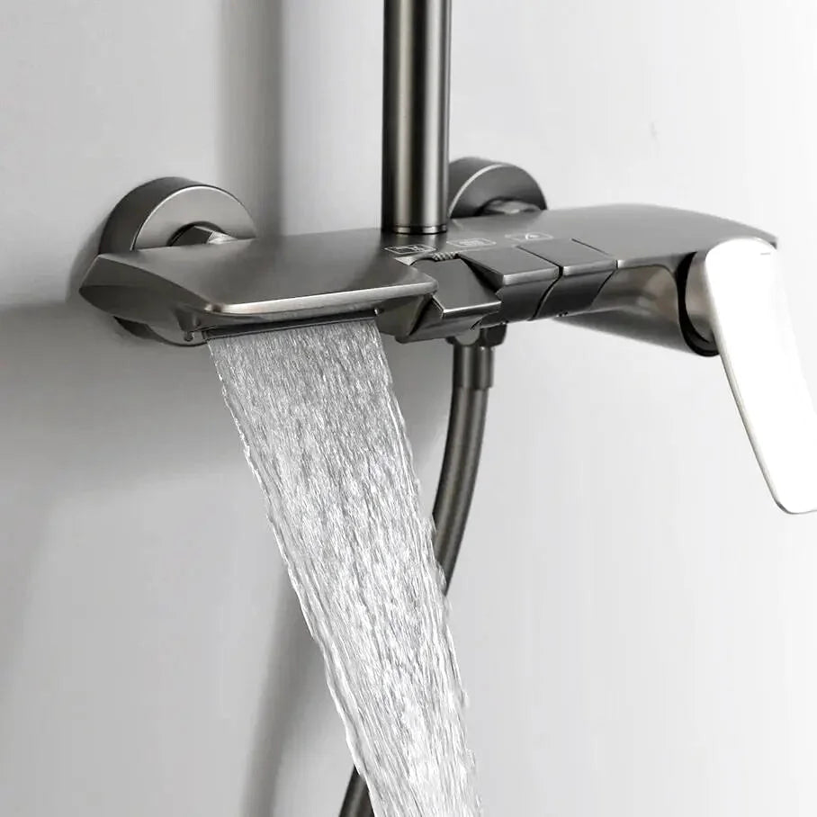 Oro shower system – premium thermostatic faucet set featuring a large rain showerhead and a versatile handheld sprayer, delivering a spa-like experience with precise temperature control.