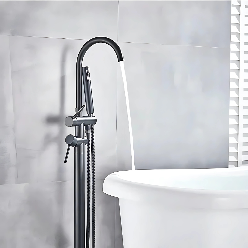 Pina freestanding bathtub faucet – elegant and modern floor-mounted design with a high-arc spout and handheld shower, perfect for a luxurious bathing experience.