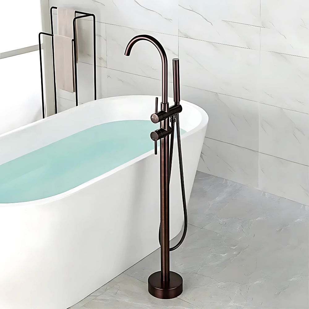 Pina freestanding bathtub faucet – elegant and modern floor-mounted design with a high-arc spout and handheld shower, perfect for a luxurious bathing experience.