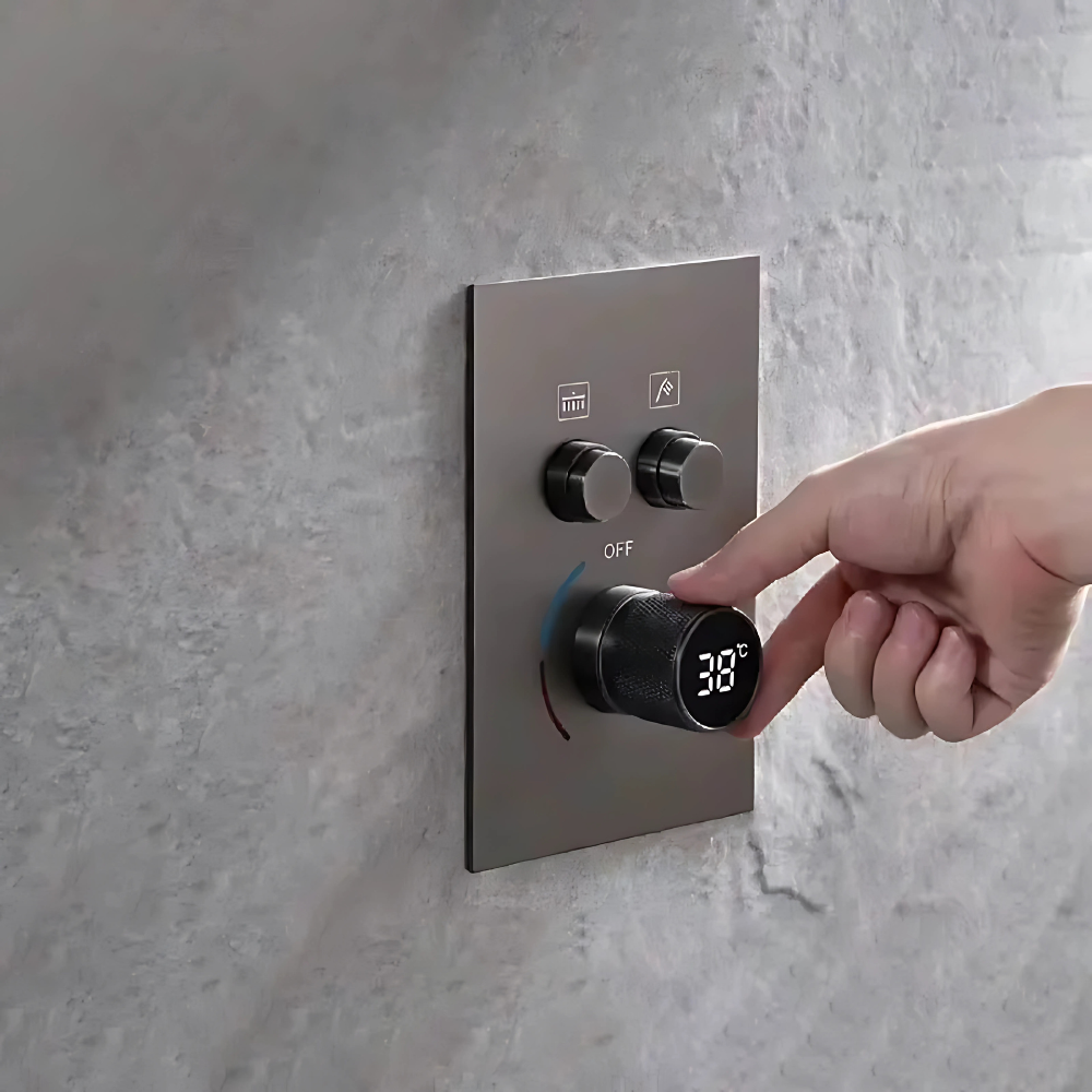 Nube rain shower system – luxurious thermostatic shower faucet with a large rainfall showerhead and handheld sprayer, ensuring precise temperature control and a spa-like experience.