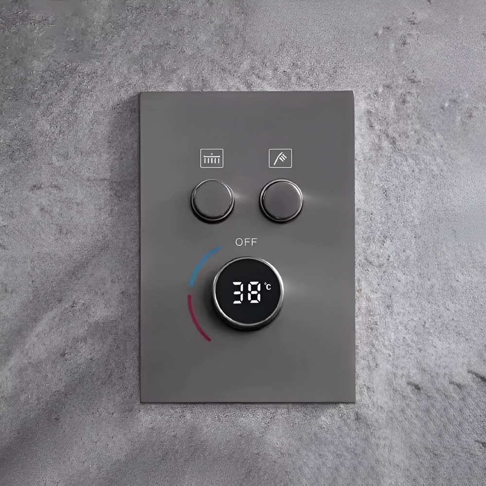 Nube rain shower system – luxurious thermostatic shower faucet with a large rainfall showerhead and handheld sprayer, ensuring precise temperature control and a spa-like experience.