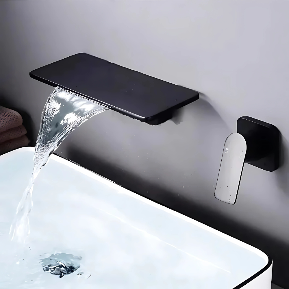 Rima waterfall bathtub faucet – elegant and modern design with a wide spout for a smooth, cascading water flow, creating a luxurious spa-like bathing experience.