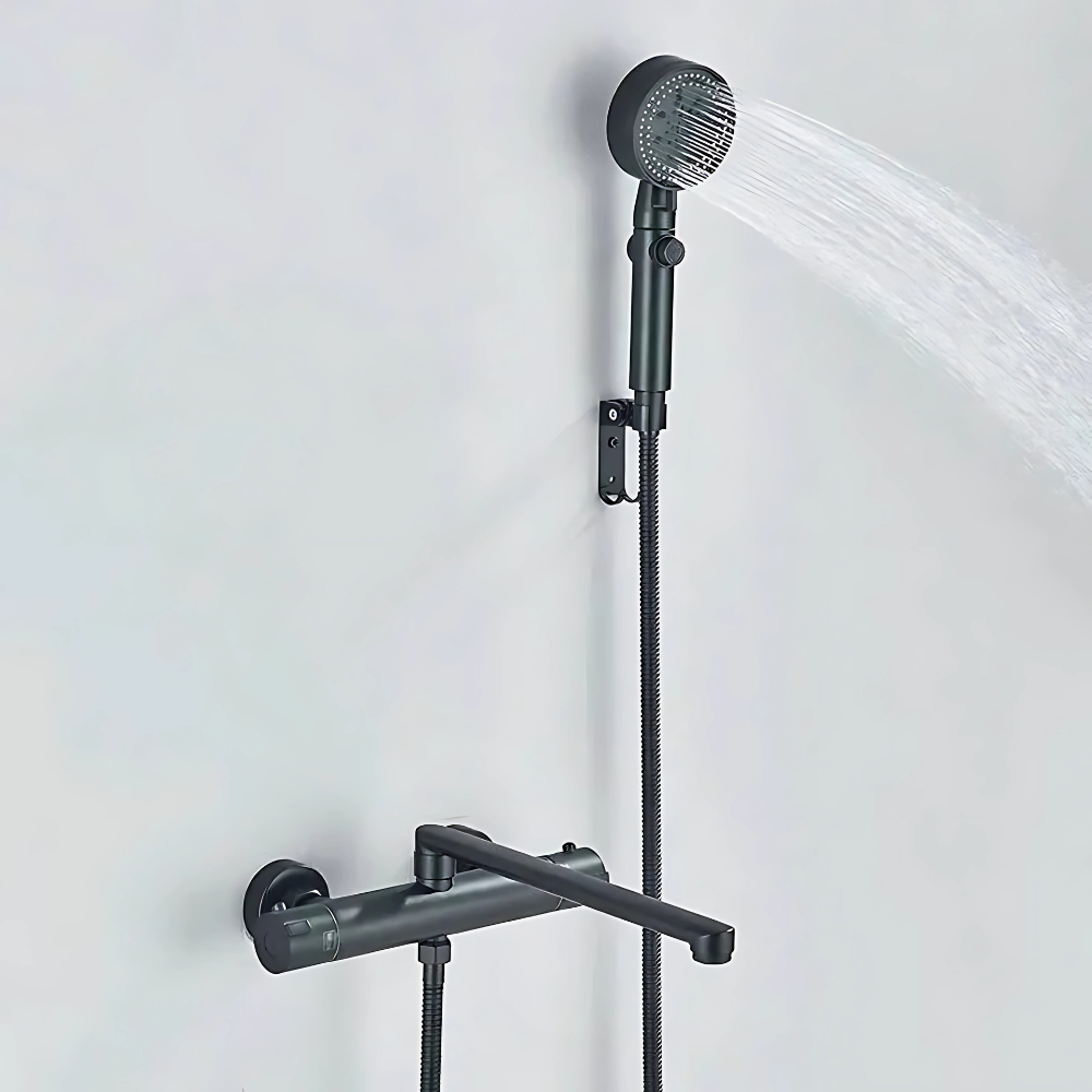 Rivo thermostatic bath & shower faucet – sleek and modern design with precise temperature control, featuring a rainfall showerhead and tub spout for a luxurious bathing experience.