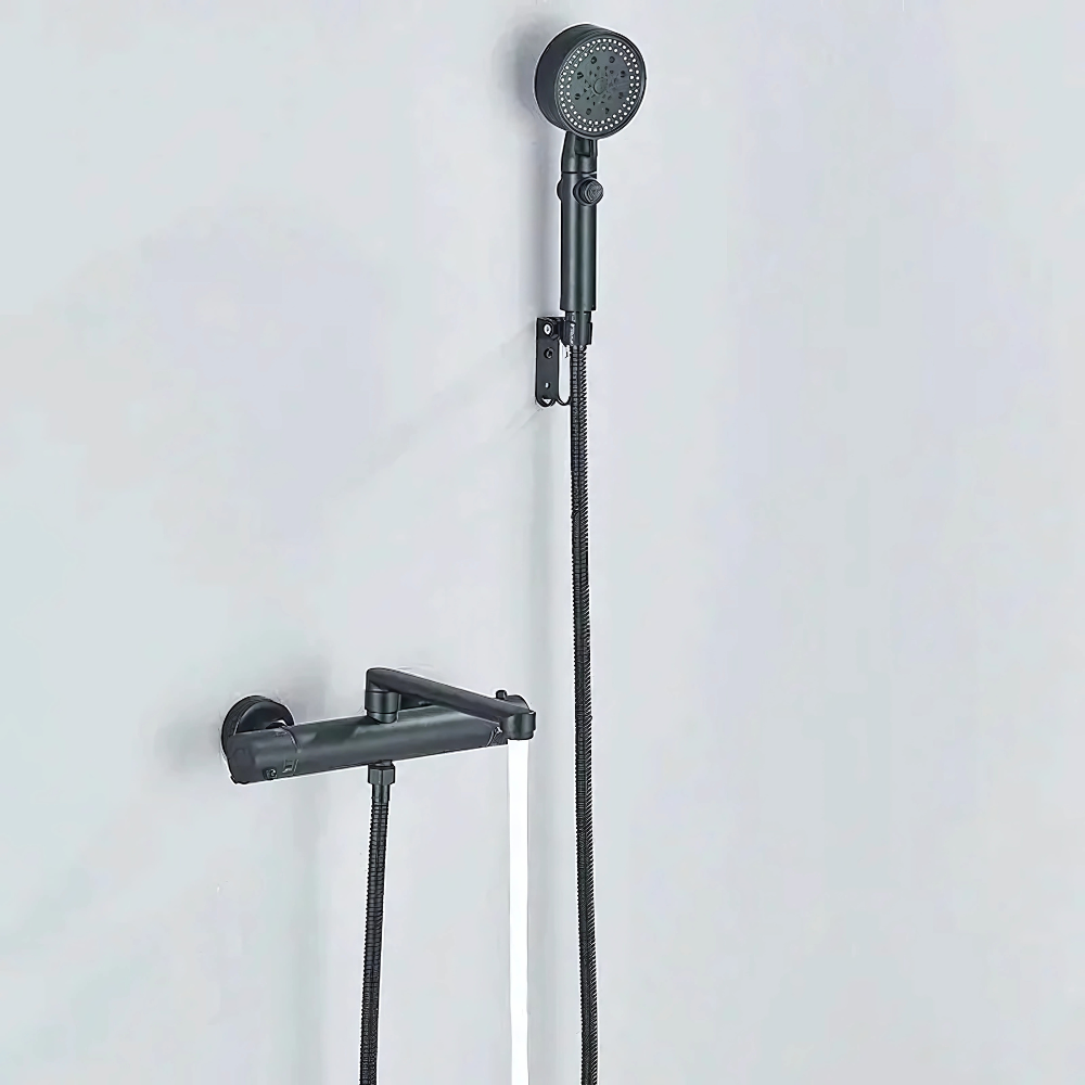Rivo thermostatic bath & shower faucet – sleek and modern design with precise temperature control, featuring a rainfall showerhead and tub spout for a luxurious bathing experience.