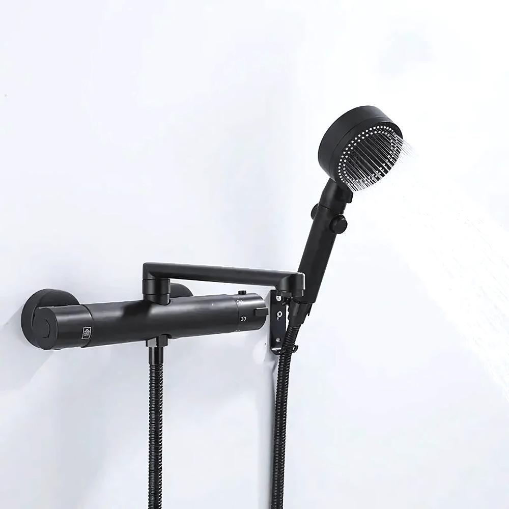 Rivo thermostatic bath & shower faucet – sleek and modern design with precise temperature control, featuring a rainfall showerhead and tub spout for a luxurious bathing experience.