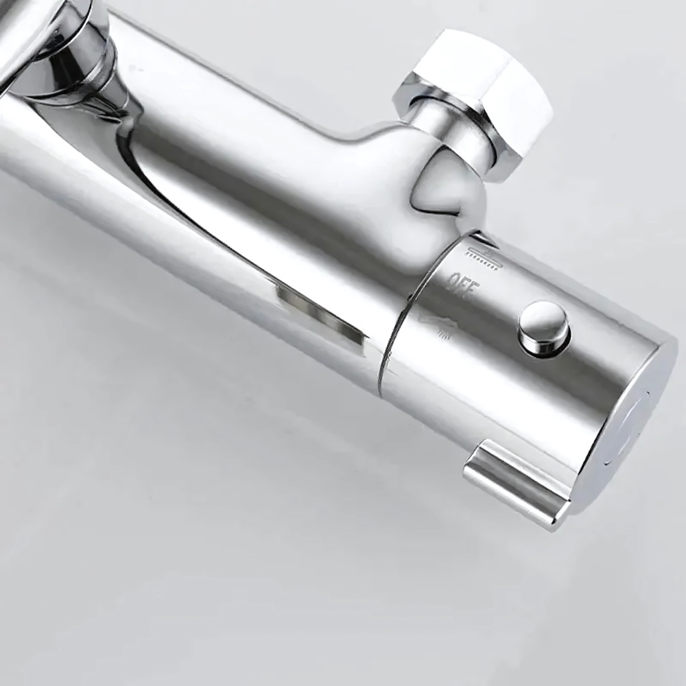 Rivo thermostatic bath & shower faucet – sleek and modern design with precise temperature control, featuring a rainfall showerhead and tub spout for a luxurious bathing experience.